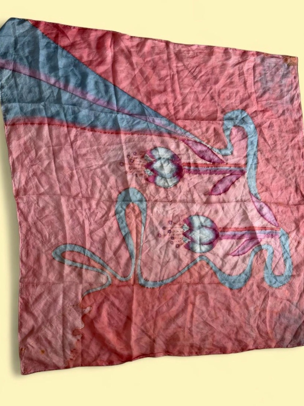 Pink and Blue Floral Silk Scarf vintage Stain Glass print